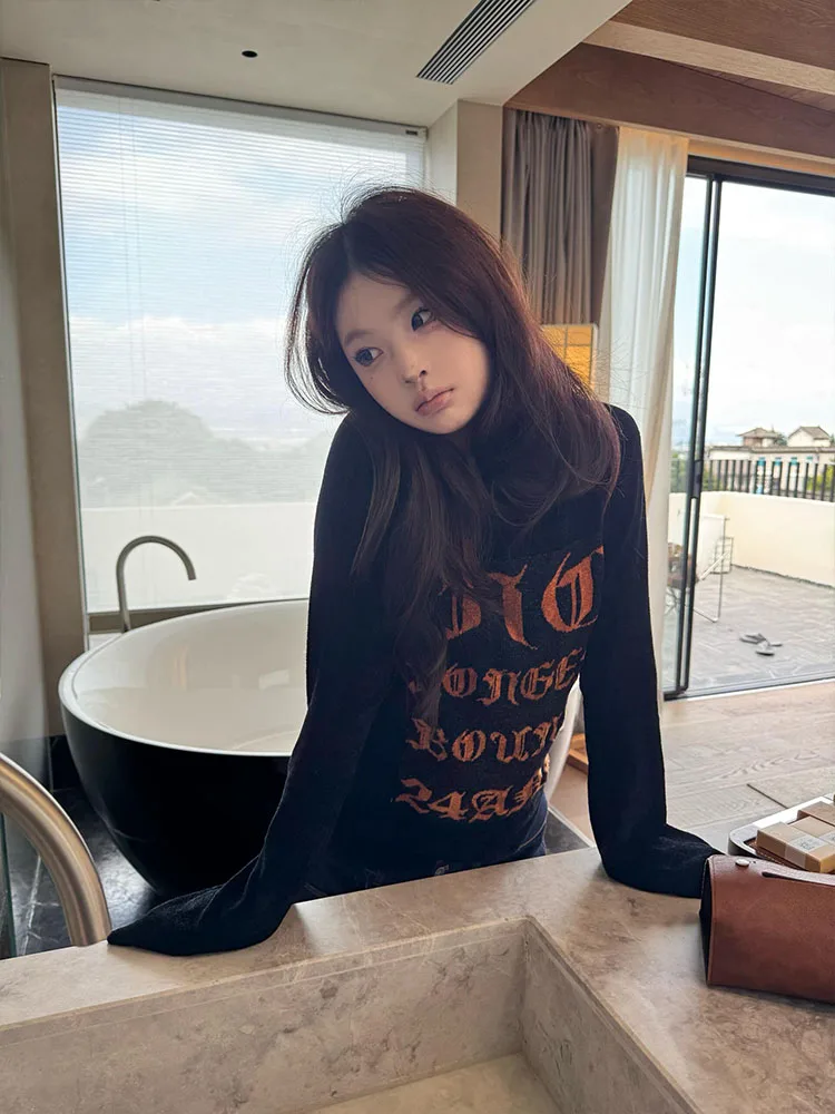 American High Street Spicy Letter Print T-shirt lunga Sve da donna Strato base Top Design Sensation Slim Fit Abbigliamento autunnale