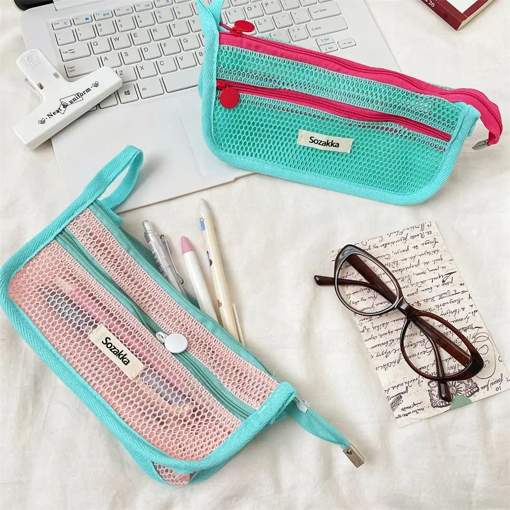 

Double Layer Mesh Pencil Case Nylon Large Capacity Transparent Pencil Bag Organizer Case Retro Color Zipper Stationery Bag