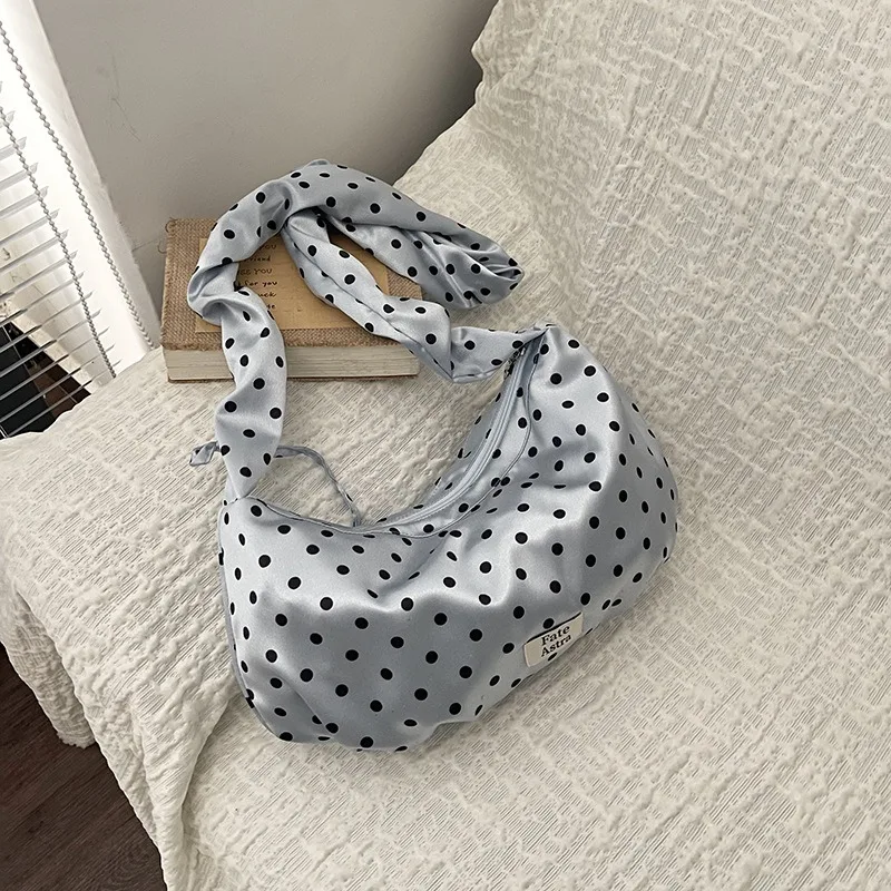 

Nylon Shoulder Bag, Black and White Polka Dot Pattern, Pleated Lace, Drawstring Design, Stylish and Versatile Crossbody Bag