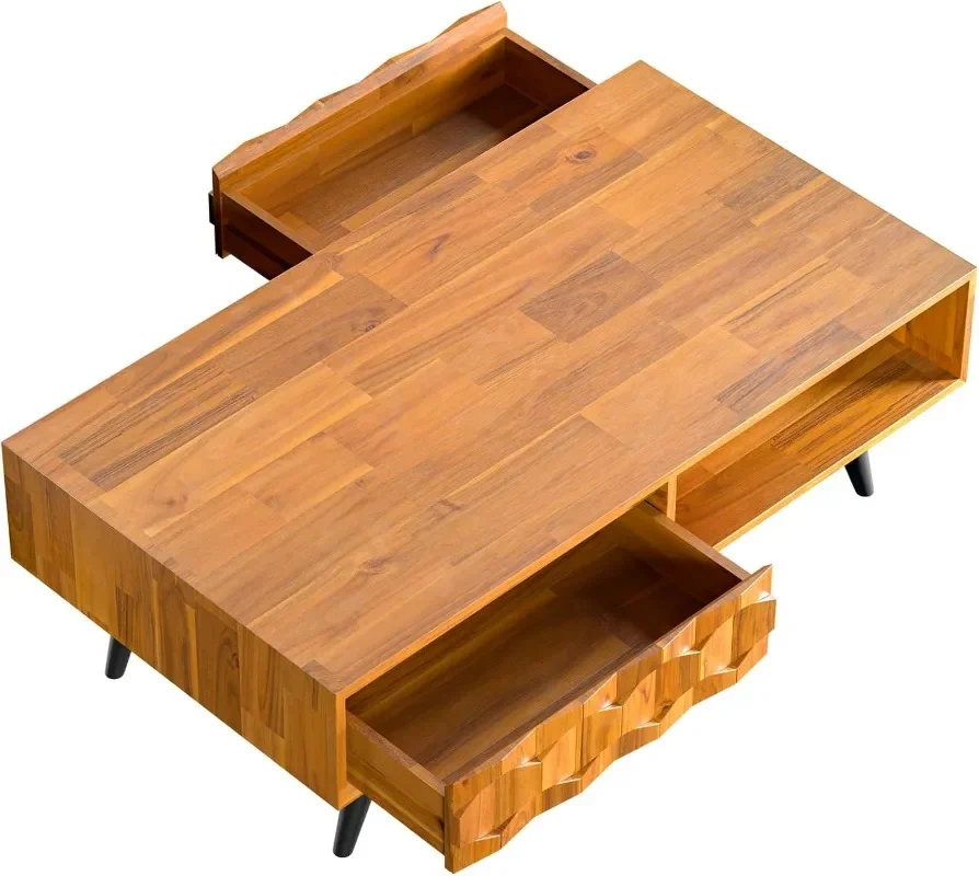 Georgina Solid Wood Coffee Tables for Living Room, Coffee Table Mid Century Modern with 2 Symmetrical Storage Drawers