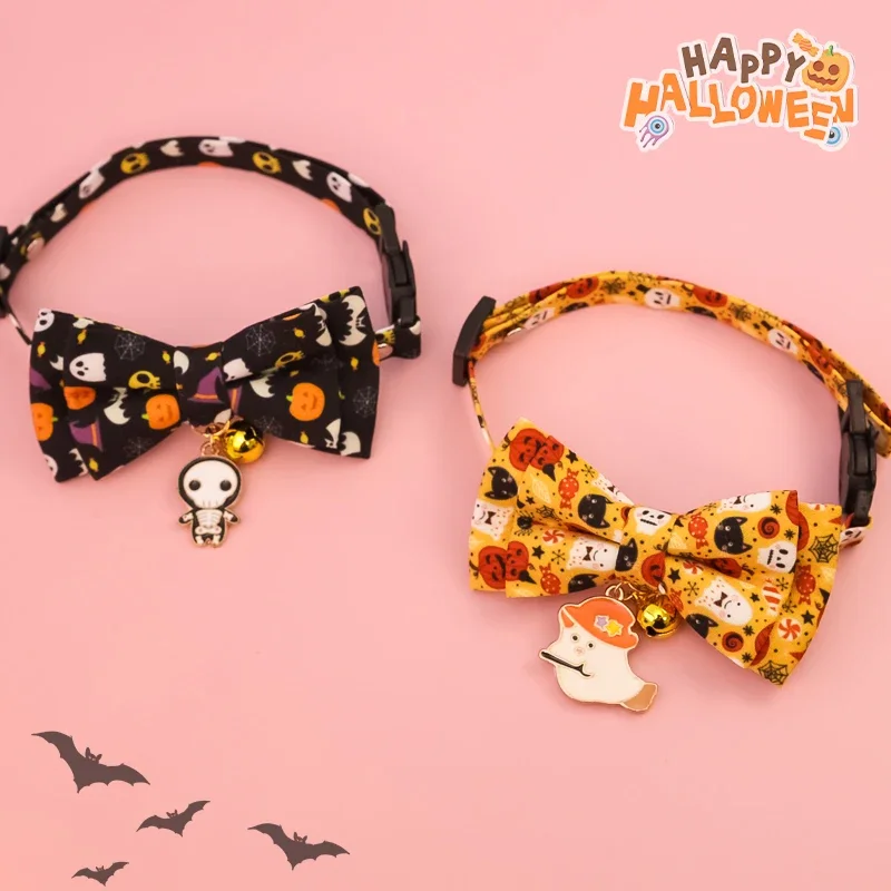 Pet collars for Halloween with various styles, detachable bow collars, holiday printed patterns, dog collars, cat collars