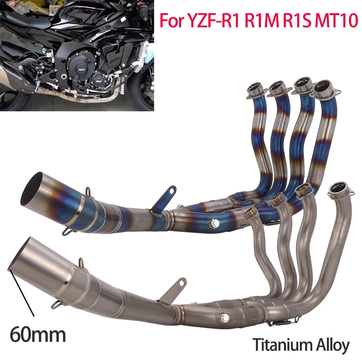 Exhaust Header Link Pipe Escape For YZF-R1 R1M R1S MT-10 2015-2025 Moto Muffler Front Link Pipe 60mm Modified MT10 Exhaust