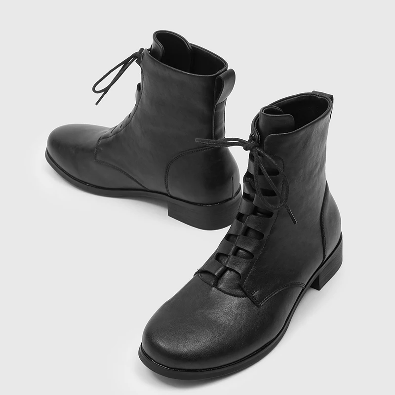 Men Soft Leather Open Lace Ankle Boots Black Low-heeled Round-toe Retro Casual Short Boots with English Style Sizes 38 - 46