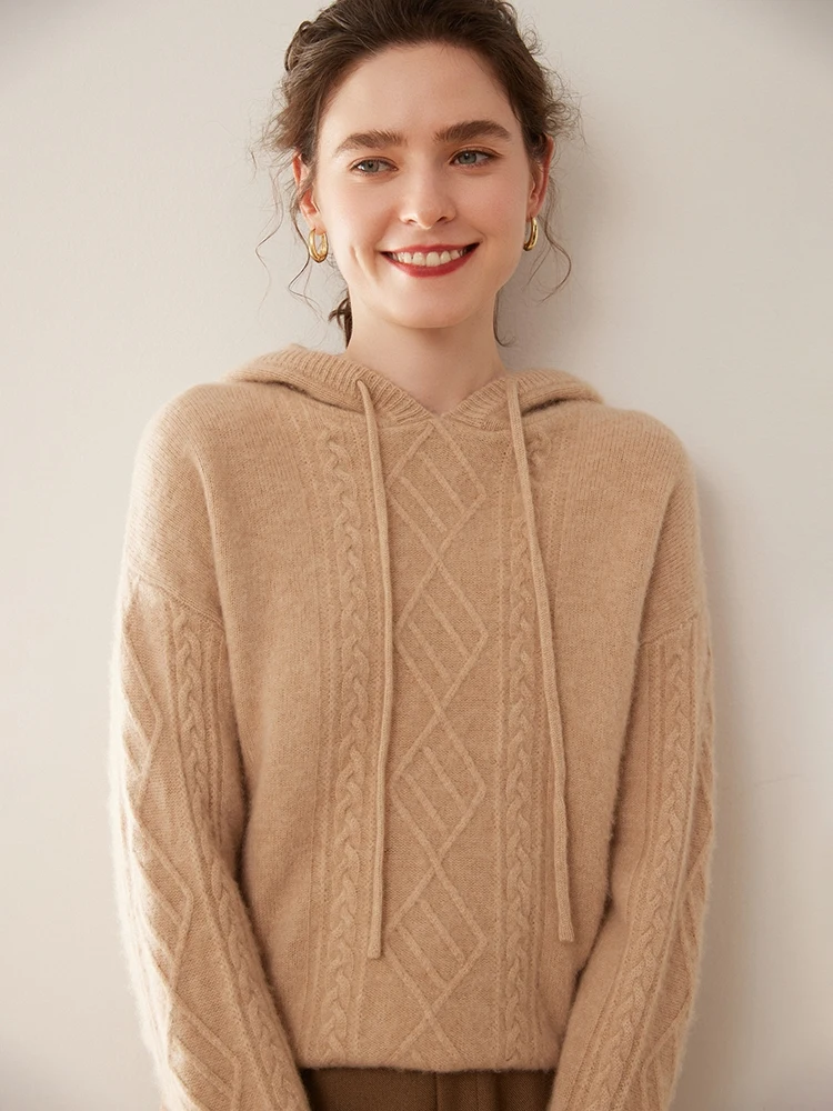

100% Cashmere Women's Hoodie Soft high-end Simple Casual Autumn Winter Thick Warm Knitted Hooded Pullover