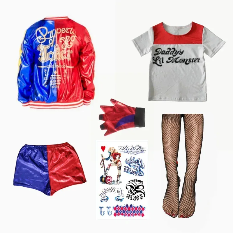 Halloween Kids Adult Cosplay Costume Quinn Squad Harley Monster T-Shirt Pants Accessories Full Set