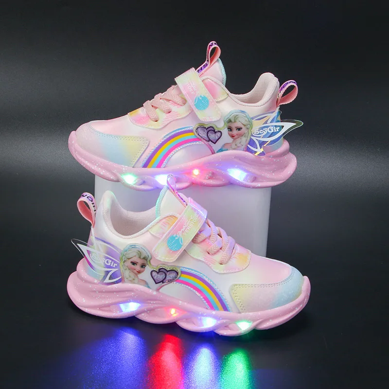 

Disney Casual Sneakers LED Lighted For Spring Girls Frozen Elsa Princess Rainbow Outdoor Children Non-slip Pink Purple Shoes