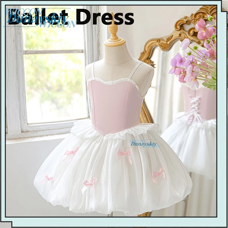 

Kids Pink Spaghetti Strap Ballet Princess Dress Lolita Flower Girl Dress With Bow Bud Skirt For Performance
