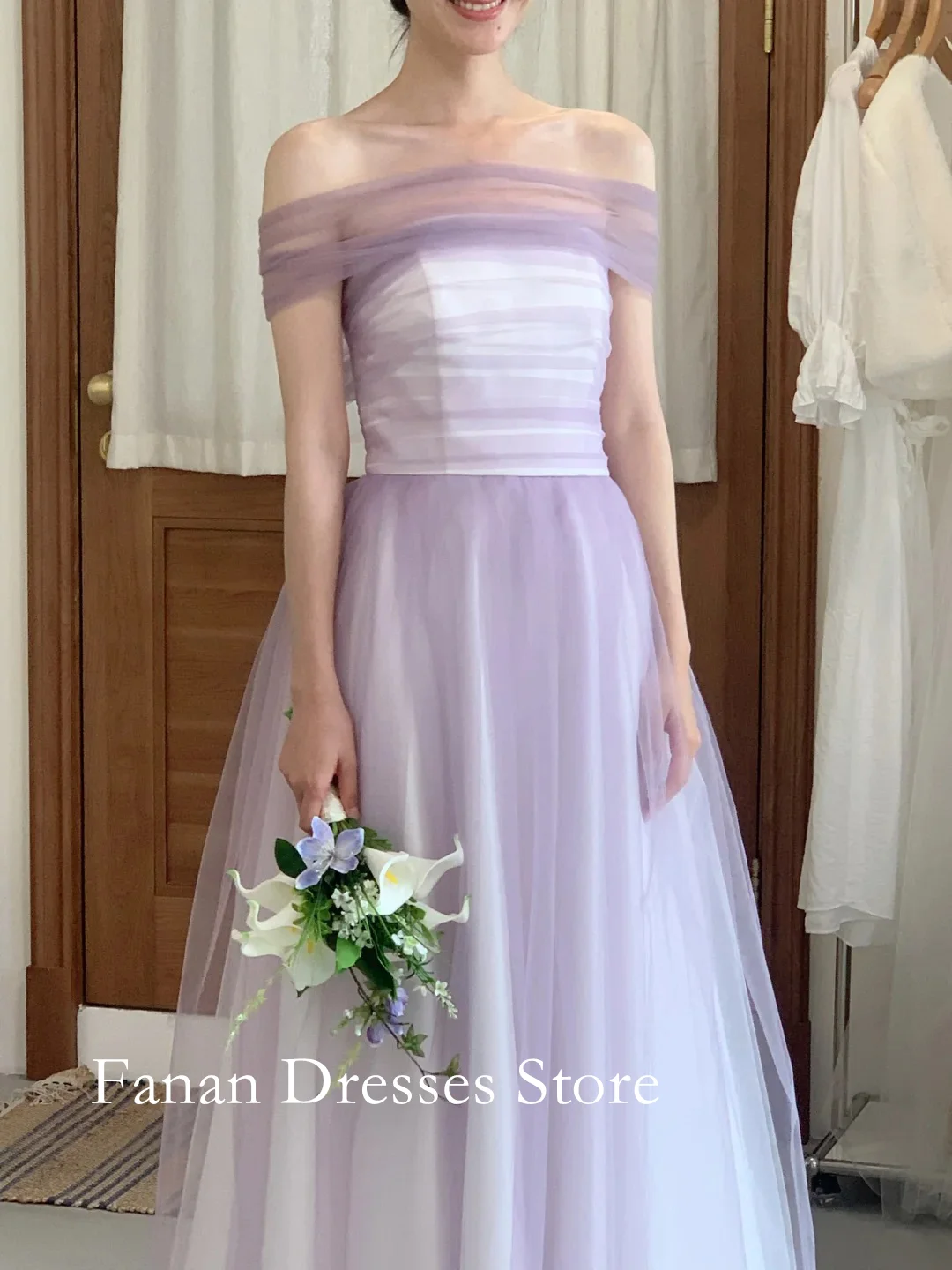 

FANAN Korea Strapless Simple Light Purple Off Shoulder A-Line Tulle Wedding Dresses 웨딩드레스 Customized Pretty Bride Gowns
