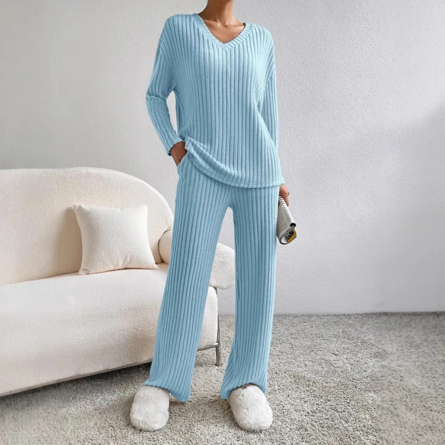 

Women's Long Sleeve T-shirt Pants Set 2025 Autumn New Two Piece Set Casual Straight Pants Loose V Neck Ribbed Knit Top
