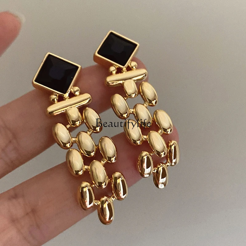 Cold Gold Plated Earrings, High-Grade, Black Gem, Luxury, Light, European and American Style