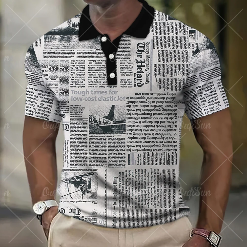 Vintage Men\'S Polo Shirt 3d Newspaper Print High-Quality Men Clothing Loose Oversized Shirt And Blouse Daily Casual Short Sleeve