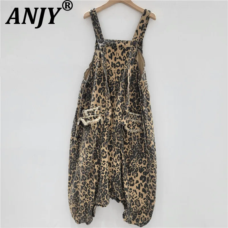 

ANJY, осенние новые женские шикарные джинсы с леопардовым принтом, потертые карманы, джинсовые комбинезоны, винтажные модные уличные повседневные брюки A10152