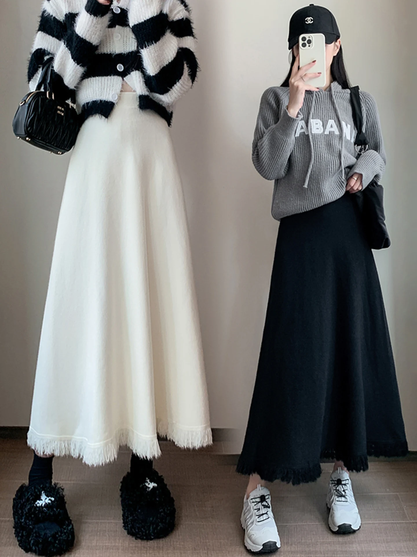 하이웨이스트 니트 태슬 스커트 여성용 가을 겨울 신상 달콤한 스타일 폴리에스터 섬유 수제 플리츠 A라인 스커트