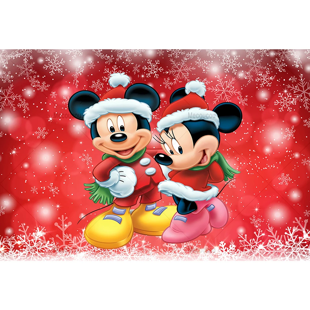 Disney Mickey and Friends Christmas Minnie Backdrop Winter Snow Village Glitter Xmas Background Mickey Mouse Kids Birthday Party