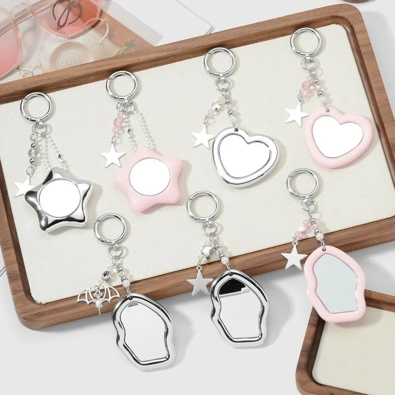 Mini Mirror Keychain Cute Heart Star Bag Charm Silver Pink Pendant Kawaii Car Key Ring Portable Makeup Gift For Women
