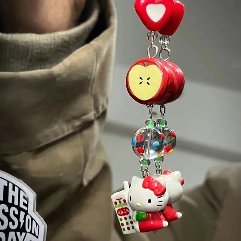 Kawaii Hello Kitty Red Love Apple Beaded Phone Chain Keyring Cartoon Camera Hanging Decoration Cute Backpack Pendant Girls Gifts