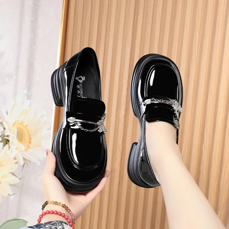 5cm Butterfly Bright Leather Loafers Women's Chunky Platform Shoes 2024 Spring Square Heels Pumps For Office Mom Girls Versatile