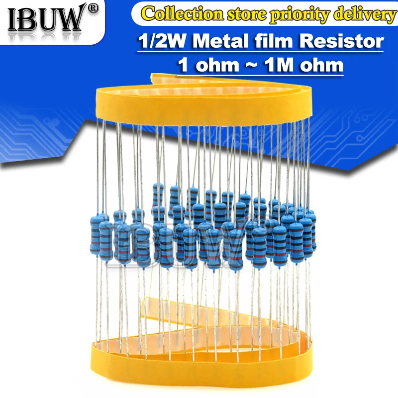 50pcs 1/2W Metal film resistor 1R~2.2M 100R 220R 330R 1K 1.5K 2.2K 3.3K 4.7K 10K 22K 47K 100K 100 220 330 1K5 2K2 3K3 4K7 ohm