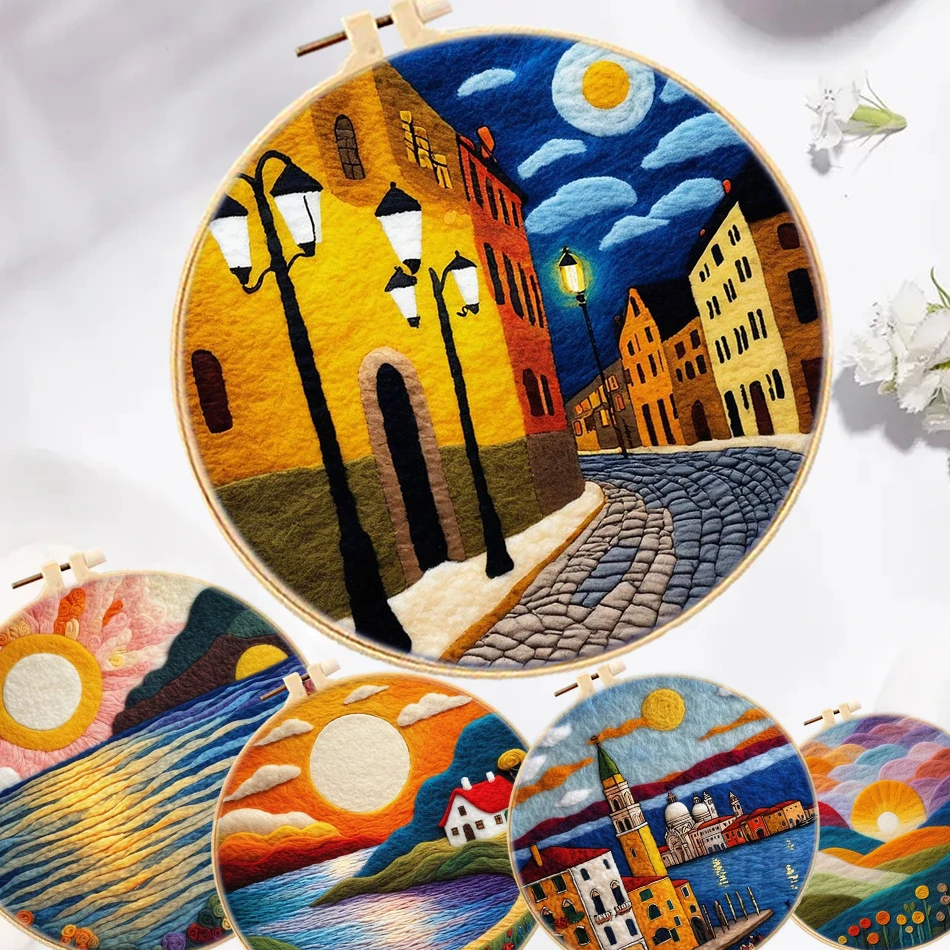 

GATYZTORY DIY Wool Felting Painting Kit Sunset Scenery Needle Wool Paintings Diy Crafts felting set kit For Home Decoration Gift
