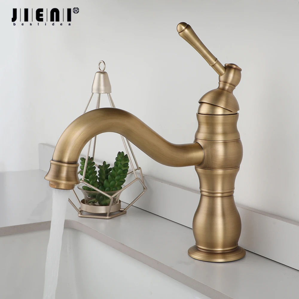 

JIENI Swivel Spout Short Anitque Brass Single Handle Spray Spout Brass Body Two Hose Torneira Wash Basin Sink Tap Mixer Faucet