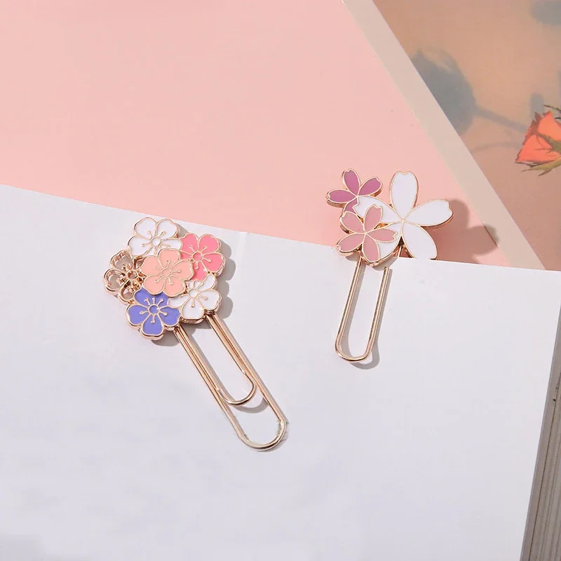 Kawaii Cherry Blossom Paper Clips Exquisite Sakura Metal Bookmarks Cute Book Page Holder Reading Tools Korean Stationery Office