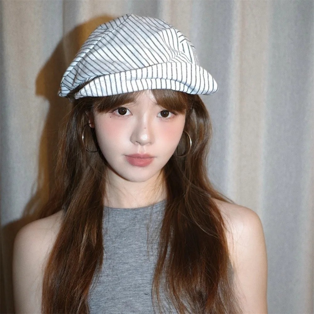 

Casual Cotton and Linen Striped Berets Thin Y2k Octagonal Hat Japanese Newsboy Cap Painter Caps Girl