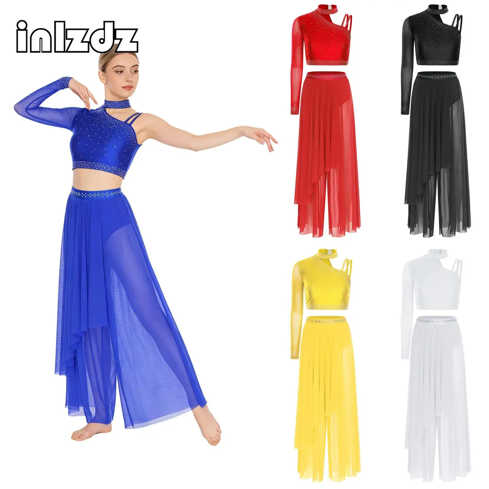 Women Modern Lyrical Dance Outfit Asymmetrical Shoulder Rhinestone Crop Tops+Pants 2-piece Set for Stage Performance Competition