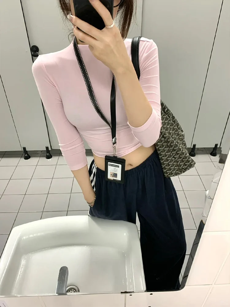 Sexy Pink Slim Fit ort Sve T-irt Women's Summer High Collar Tight Waist ort Length Bodycon Cotton Polyester Blend