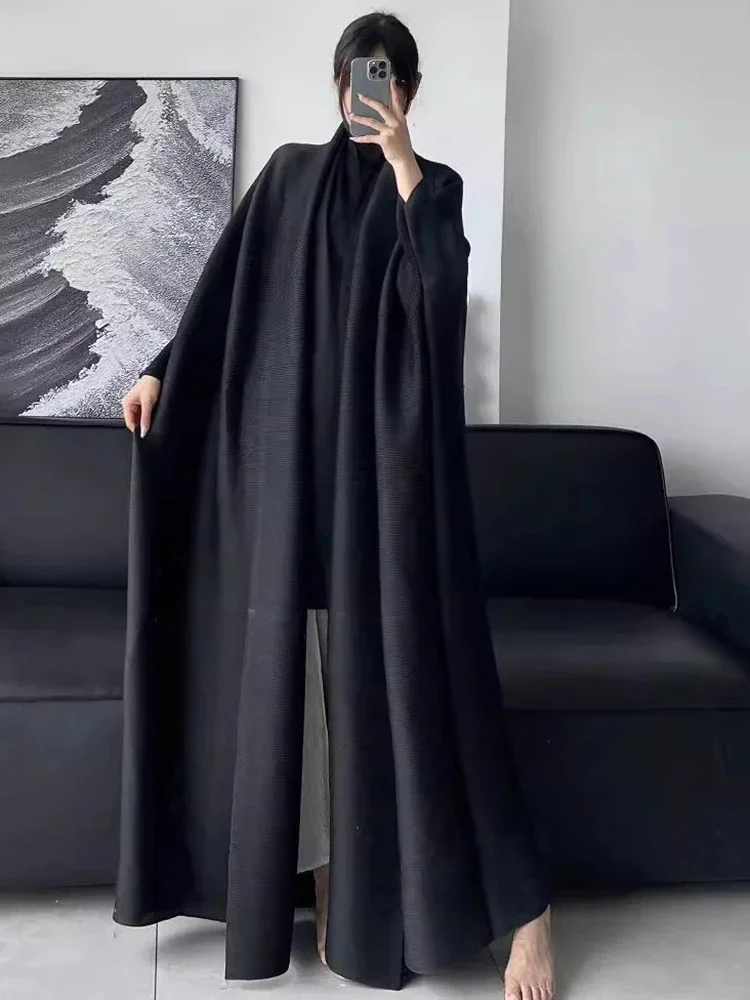 miyake Autumn Solid Color Pleated Windbreaker Women Loose Scraf Collar Long Sleeve Elastic Cardigan Coat Fashion 2024 New