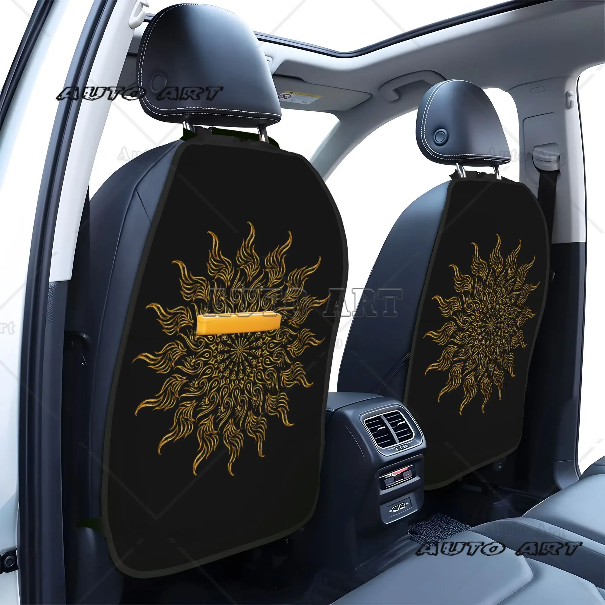 2pcs Golden Mandala Design Car Seat Back Organizer Car Back Seat Organizer Large Kick Mats with Storage Pockets for Universal