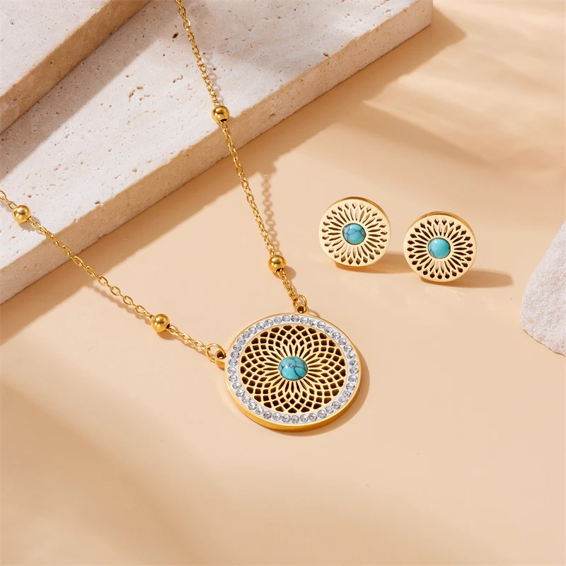 DIEYURO 316L Stainless Steel Turquoise Hollowed Out Leaves Golden Necklace Earrings Girl 2024 New Fashion Jewelry Set Party Gift