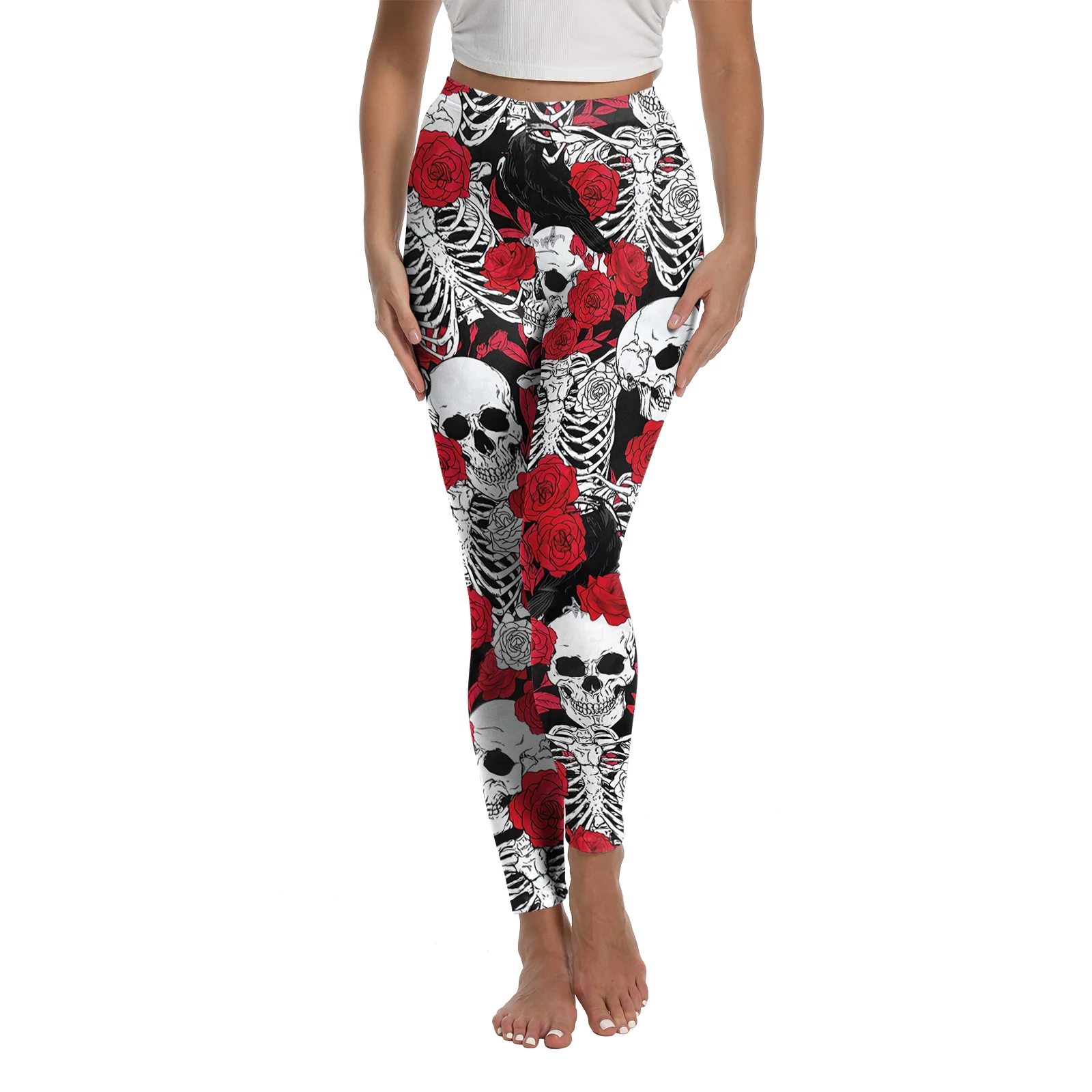 Nadanbao المرأة الجمجمة الأحمر روز طباعة طماق هالوين القوطية السراويل عارضة الشارع الشهير تجريب السراويل جوارب مثيرة القاع #4