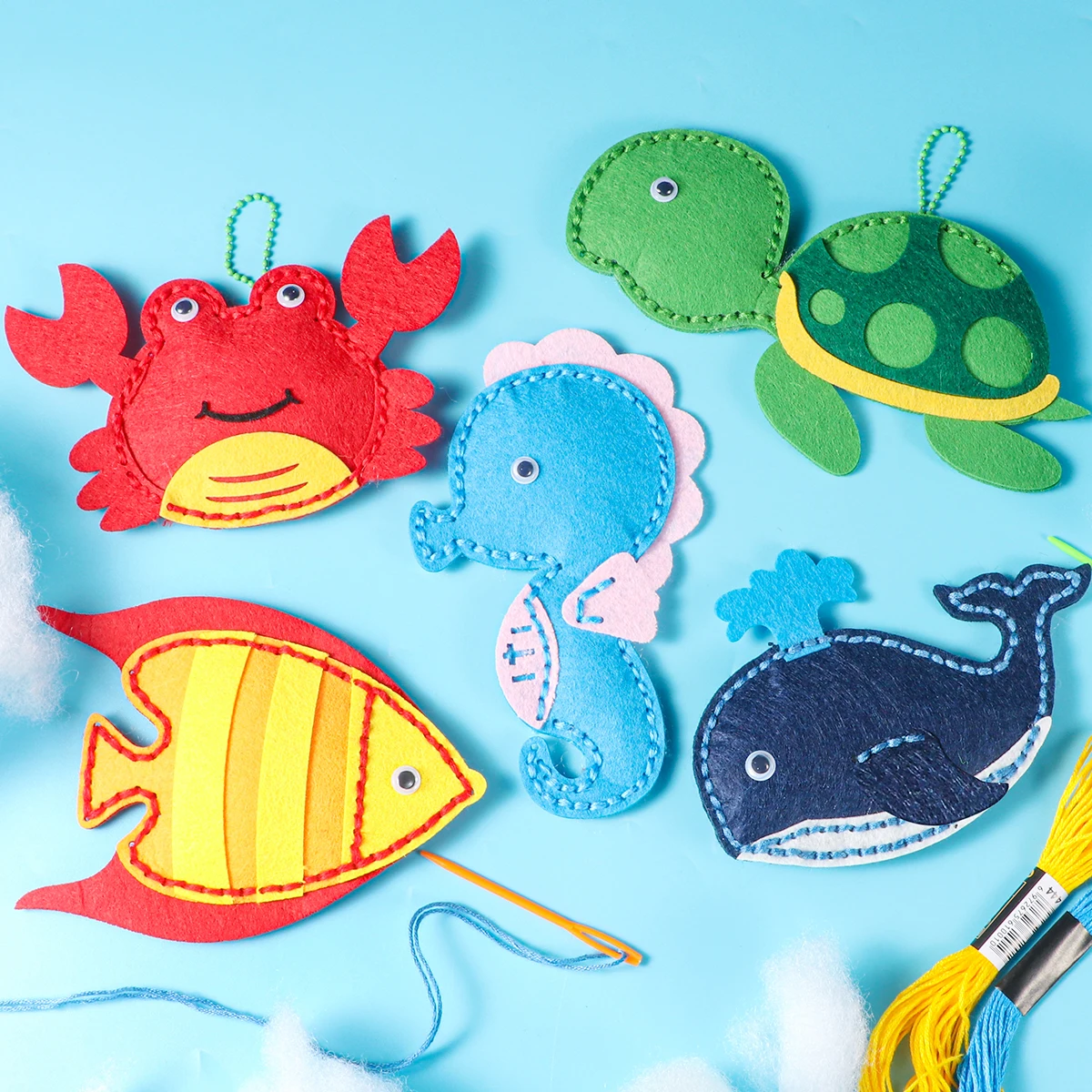 Ocean Animals Sewing Kit for Beginners - 5PCS DIY Whale & Seahorse Keychain Craft Set, Fun Girls Birthday Gift(Kids Handmade Art