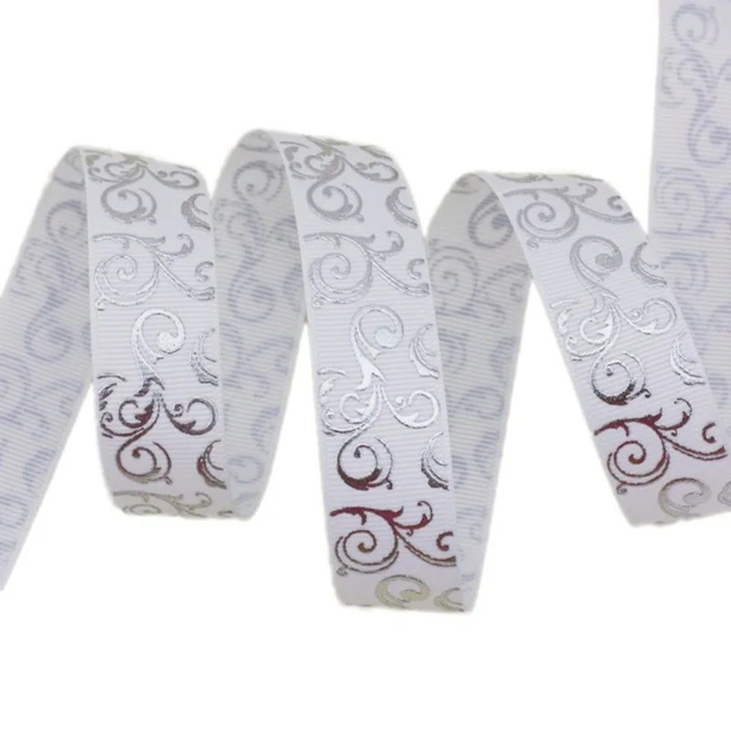 (10 Yards/roll) 25mm White Hot Stamping Flower Grosgrain Ribbon Handmade DIY Gift Wedding Ribbons Wholesale