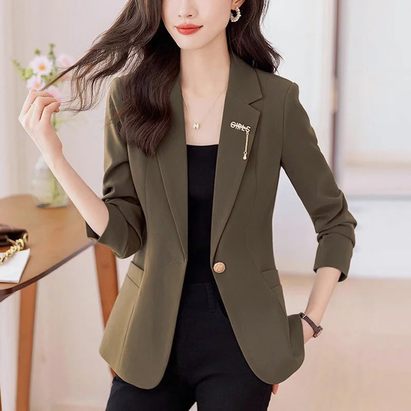 Women Long Sleeve Office Lady Blazers New Autumn Solid Casual Single Button Chic Notched Blazer Ladies Jackets Clothes Outerwear