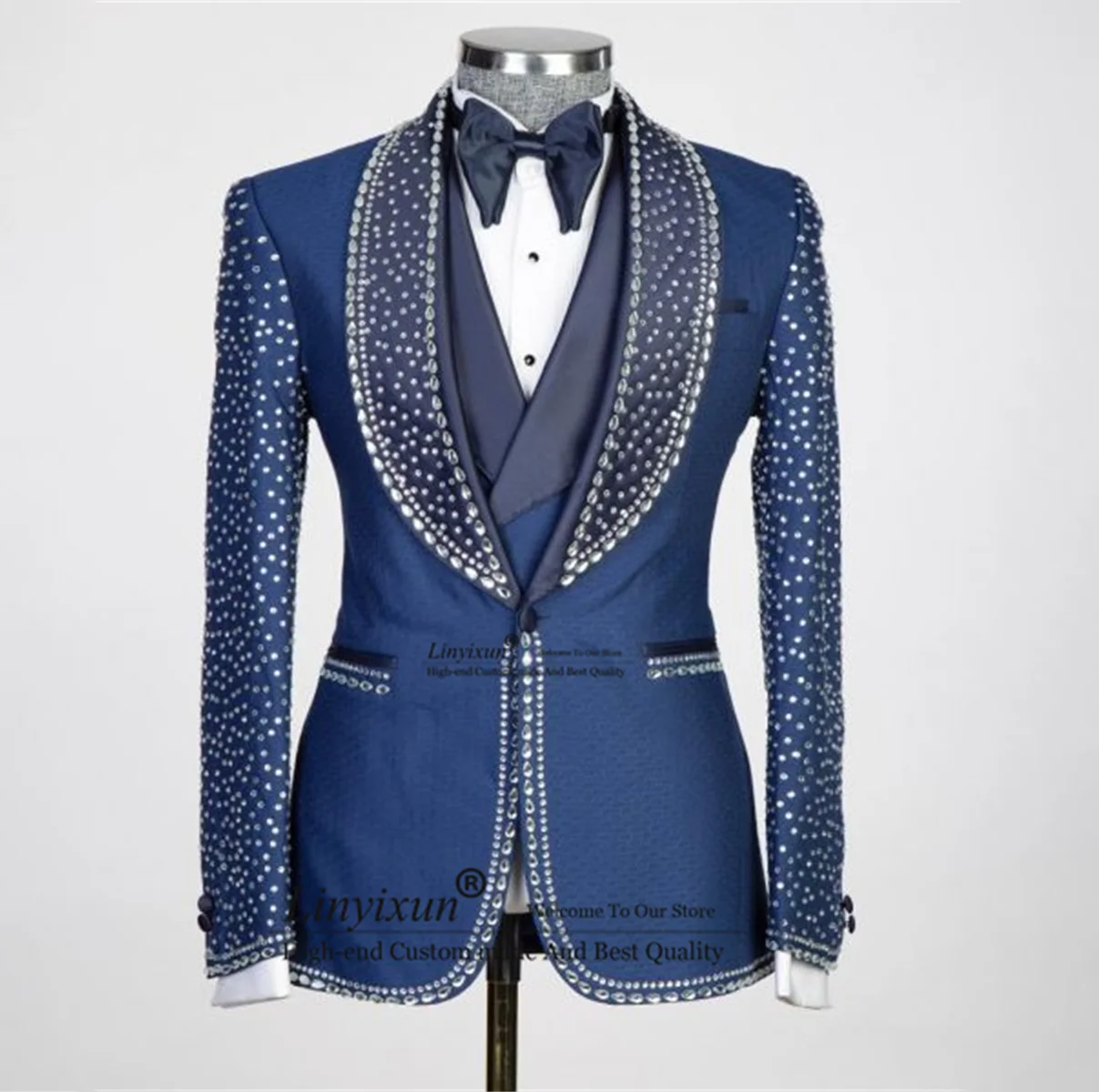 ShIny Beaded Men Suits With Crystals Groom Wedding Tuxedos 3 Pieces Sets luxury Male Prom Party Blazer Slim Fit Costume Homme