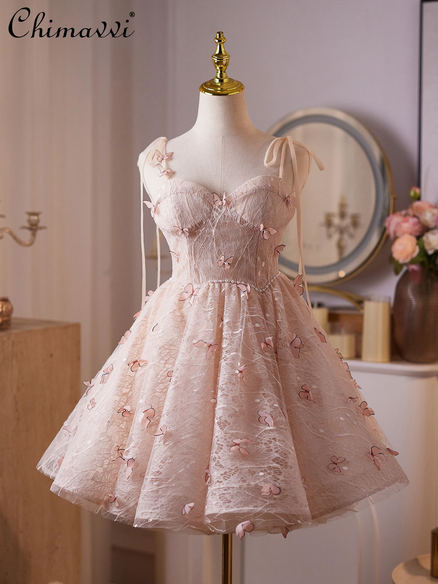 Abito da sposa corto gonfio rosa abito formale corto 2026 nuovi abiti da principessa in rete eleganti per ragazze dolci di fascia alta per feste di compleanno