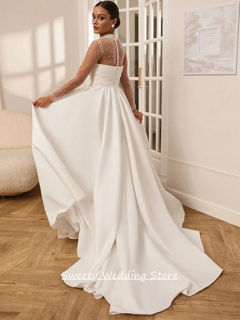 Luxury Satin Wedding Dresses Sheer High Neck Long Sleeves Beading Pearls A Line Woman Bride Dress Bridal Gowns Basque Waistline
