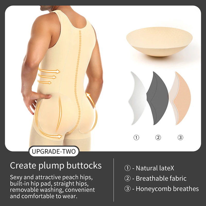 Mens Slimming Full Body Shaper with Butt Pad Compression Tummy Control Shapewear Open Crotch Male Corset Tight Shaping Underwear