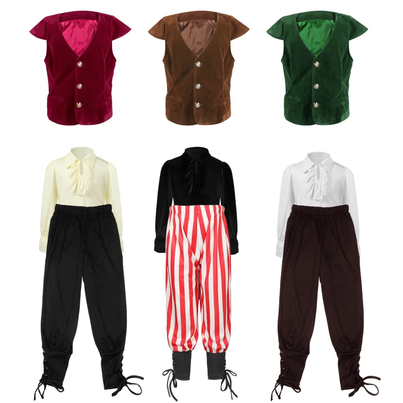

Colonial Victorian Pirate Outfit Kids Boys Medieval Halloween Child Costume Vintage Ruffle Tops Shirt Vest Pants For Men