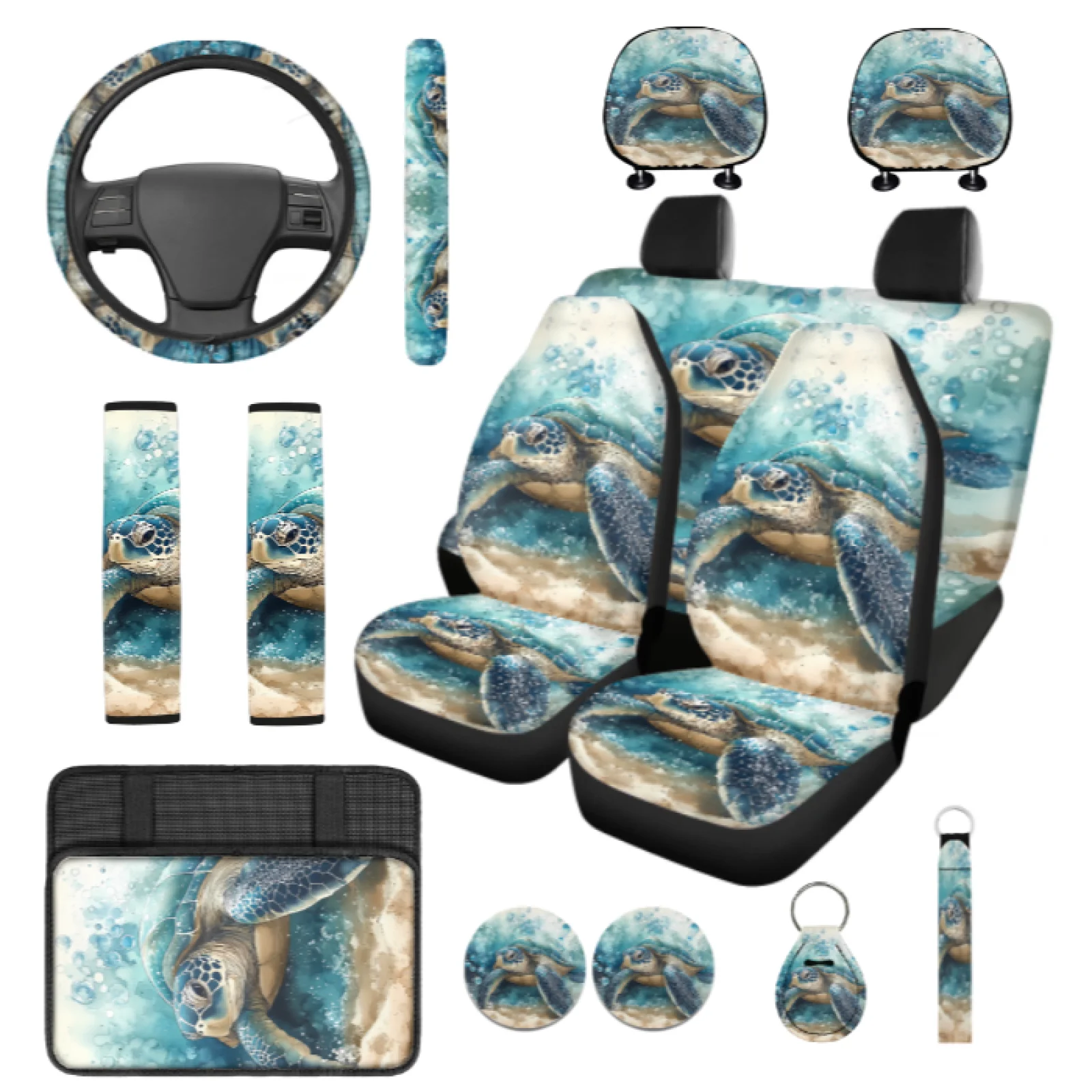 Coloranimal Sea Turtle 14 Pieces Automobile Seat Cover Sets with Washable Auto Armrest Cover and Car Seatbelt Cover for Hunting