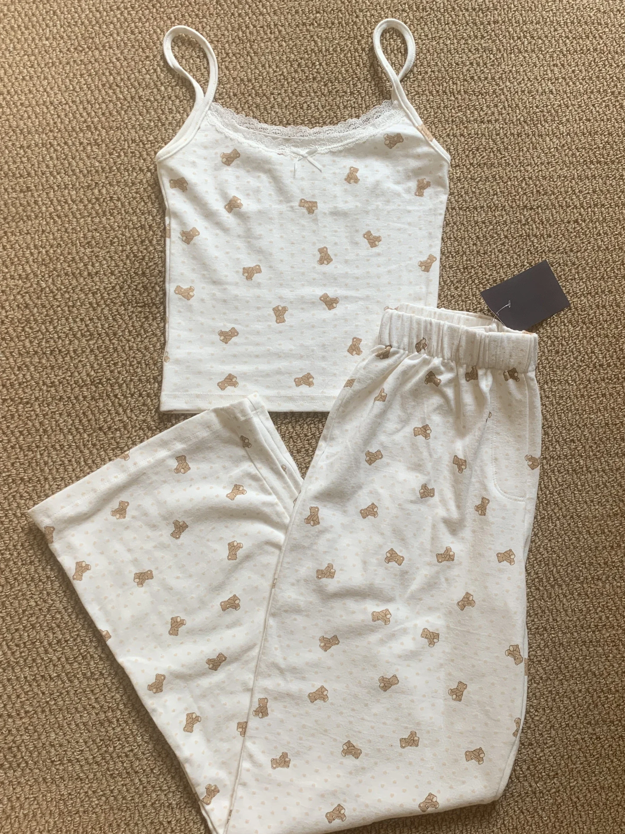 Little Bear Hearts Tank Pant Pajama Set Woman Lace Trim Bow Slim Crop Top+Elastic Waist Straight Long Pants Cotton 2 Piece Sets