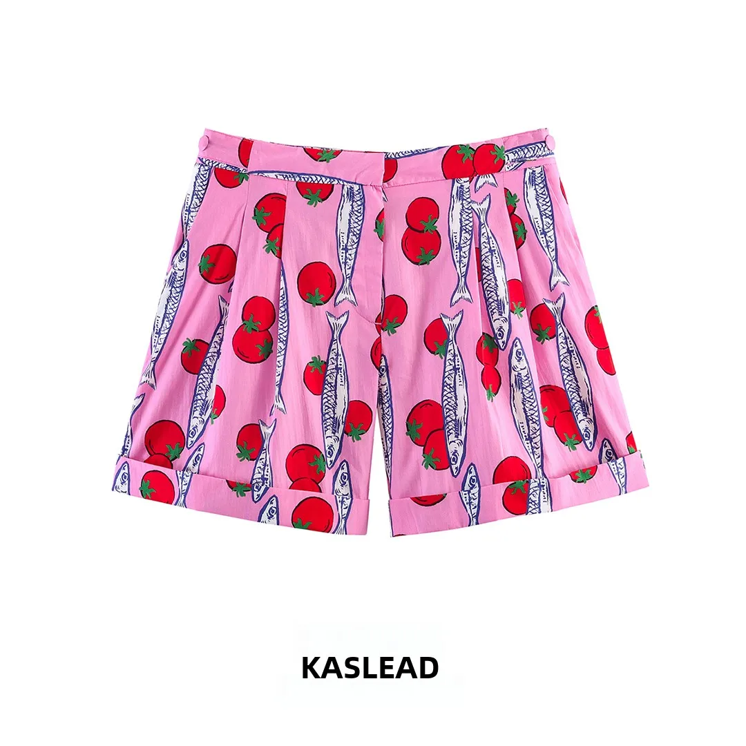 

KASLEAD Fashionable Pleated Print Casual Shorts Women's Polyester Fiber Zipper Natural Waist Button Decoration Summer 2026