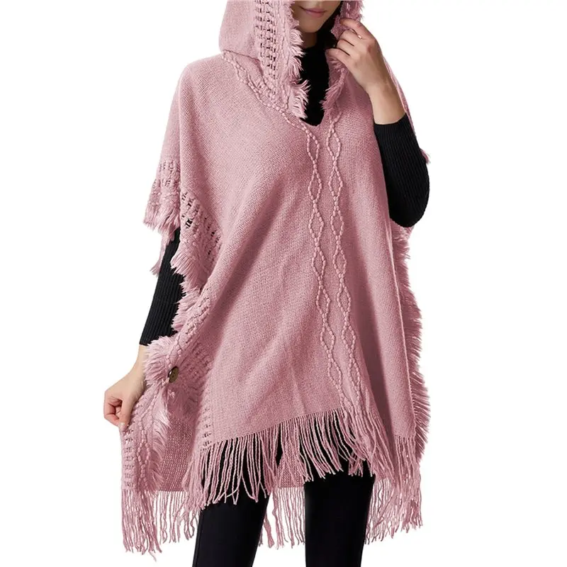 

AUAU-Women's Cable Knit Poncho Sweater Casual Hooded Pullover Ponchos With Decorative Buttons