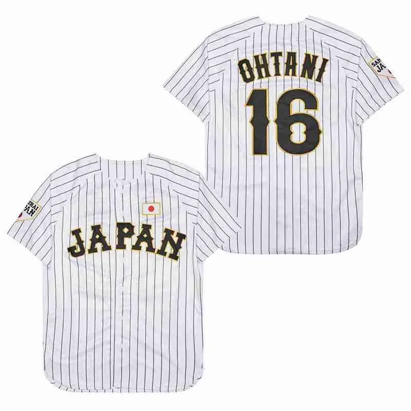 

Men's Japan #16 Ohtani Baseball Jersey Hip Hop Short Sleeve T-Shirt White Black Stripes Stitched Shirt