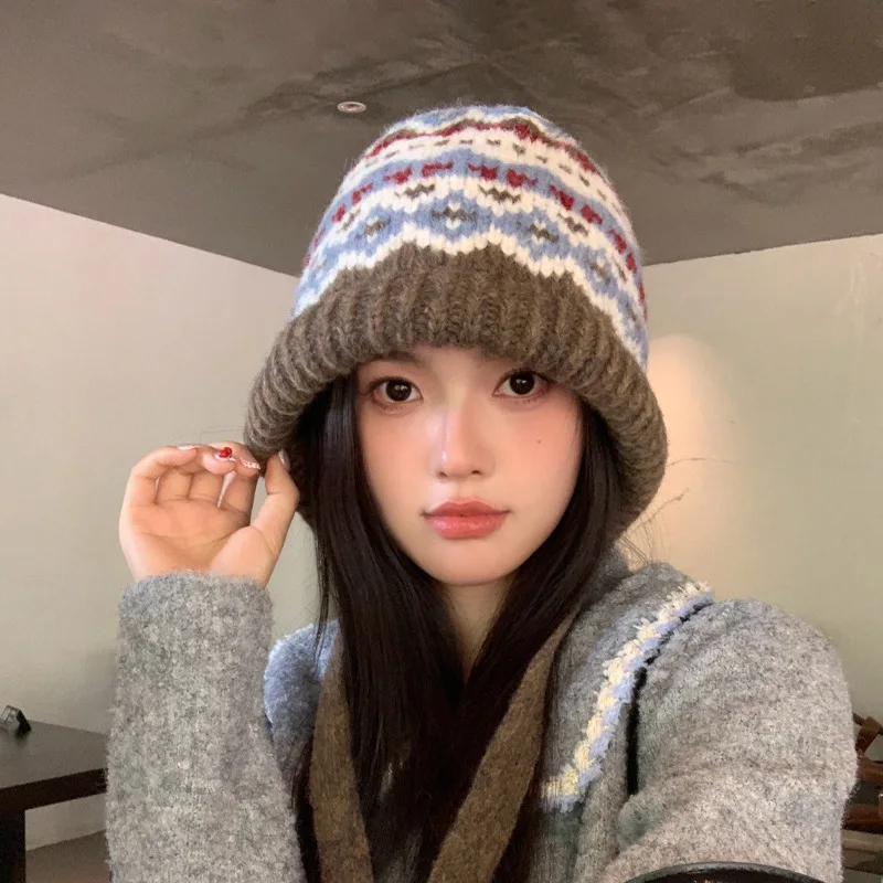 

Autumn Winter Lazy Wind Cap Children Warm Ear Protection Show Face Small Set Head Hat Hundred Knitted Woolen Hat Retro Stripes