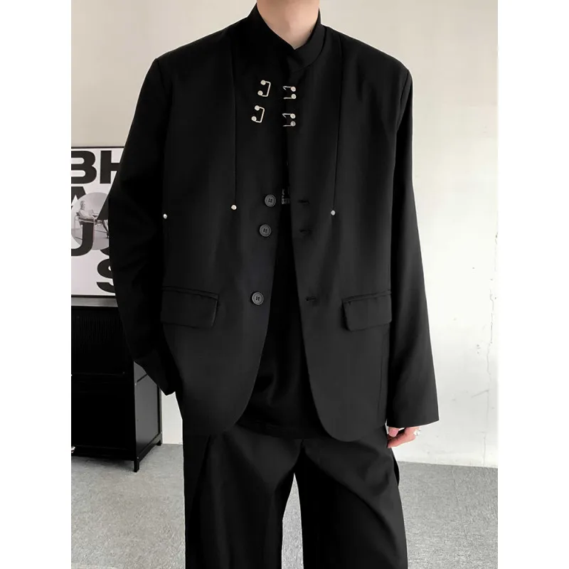 Chinese Style Men Shoulder Pads Jacket 2024 Autumn New Chic Buckle Suit Coat Stand Collar Long Sleeve Trendy Top Casual