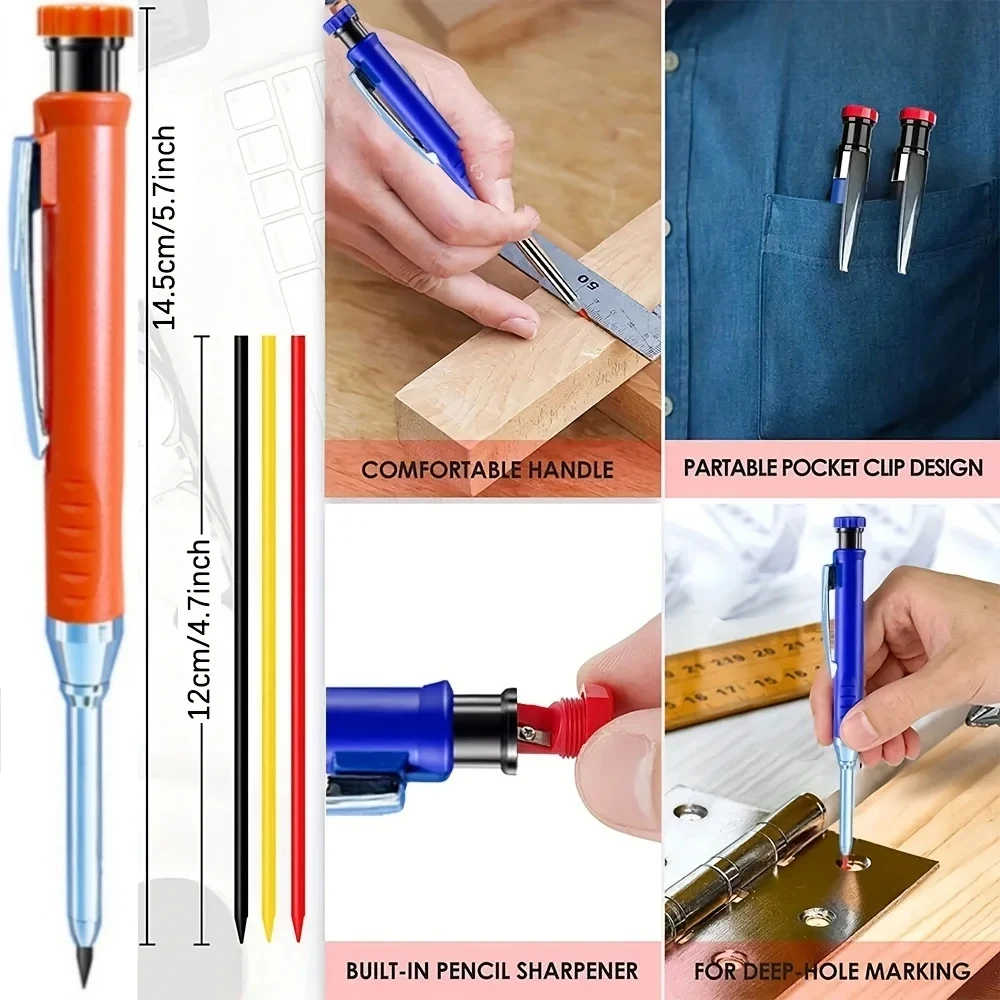 6-Farben-Nachfüllung, solider Zimmermannsbleistift, Druckbleistift mit Spitzer für Holzbearbeitung, Bau, Markierung, Anreißwerkzeuge – Detail 5