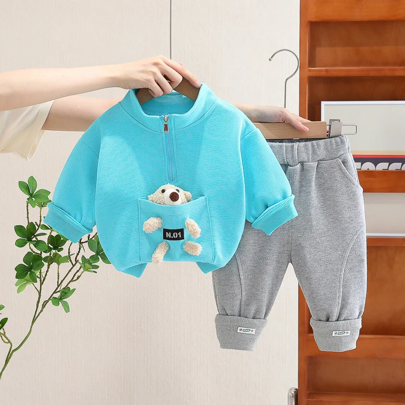 2023 Autumn Designer Baby Girl and Boy Clothes Casual Cartoon Pullover Half Zipper Long Sleeve T-shirts Pants Kids Outfit Set