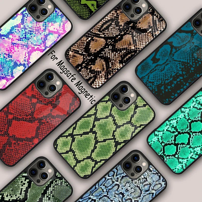 Snake Skin Print Magnetic Phone Case For APPLE iPhone 16 14 13 12 11 Pro Max 15 Plus Wireless Charge With MagSafe Cover